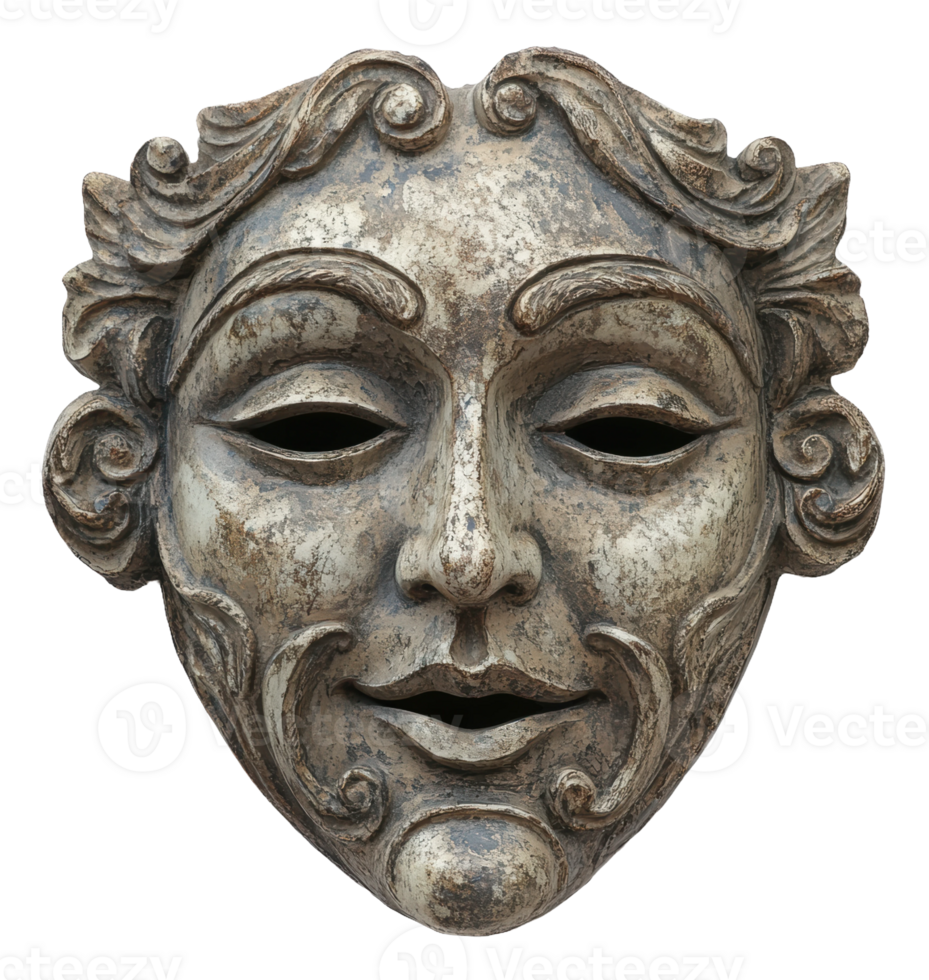 Ancient decorative mask with intricate detailing and weathered texture on a plain background, cut out - stock . png