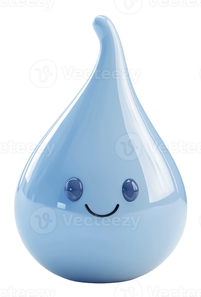 Cute blue drop-shaped figurine with a smile on its face displayed on a clean surface, cut out - stock . png