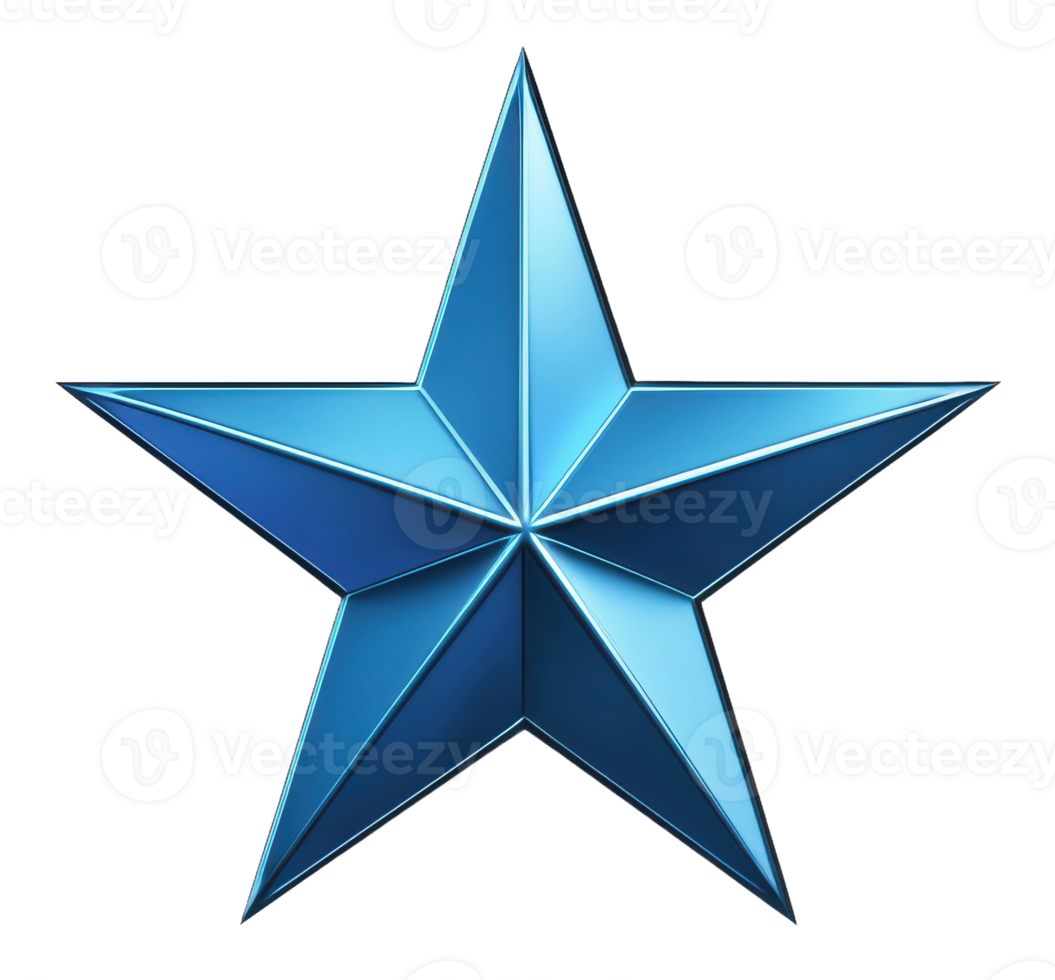 Three-dimensional blue star shape design with sharp edges and smooth contours, cut out - stock . png