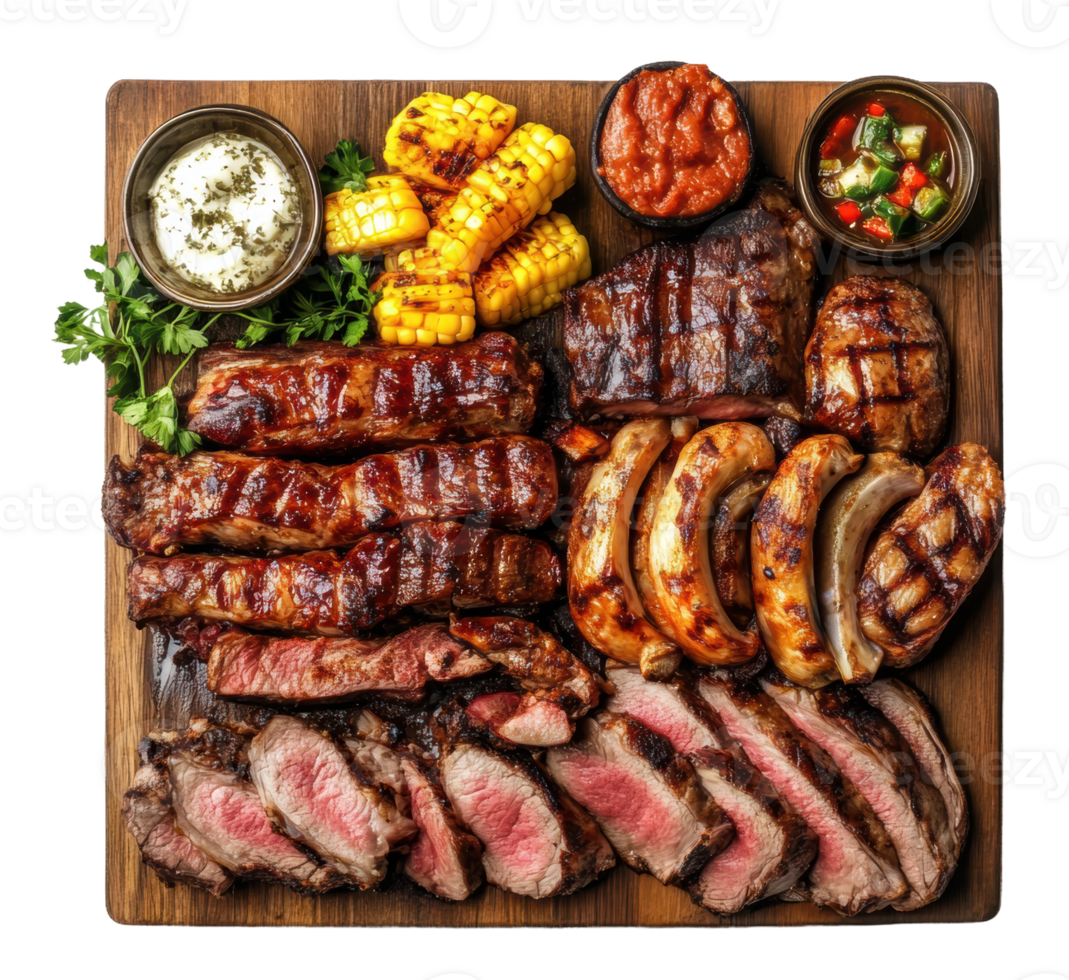 Grilled meat platter with assorted steaks, sausages, corn, and dipping sauces served on a wooden board, cut out - stock . png