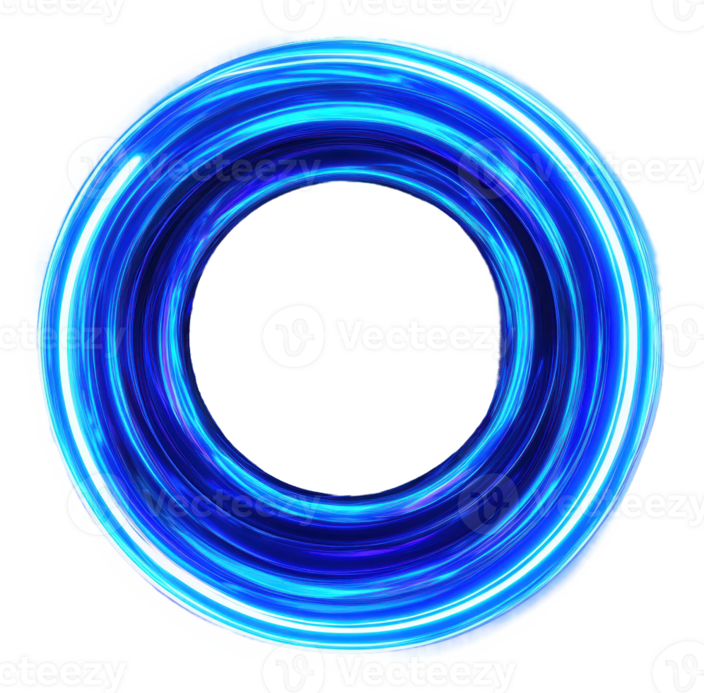 Bright blue circular abstract design with swirling patterns illuminated from within, cut out - stock . png