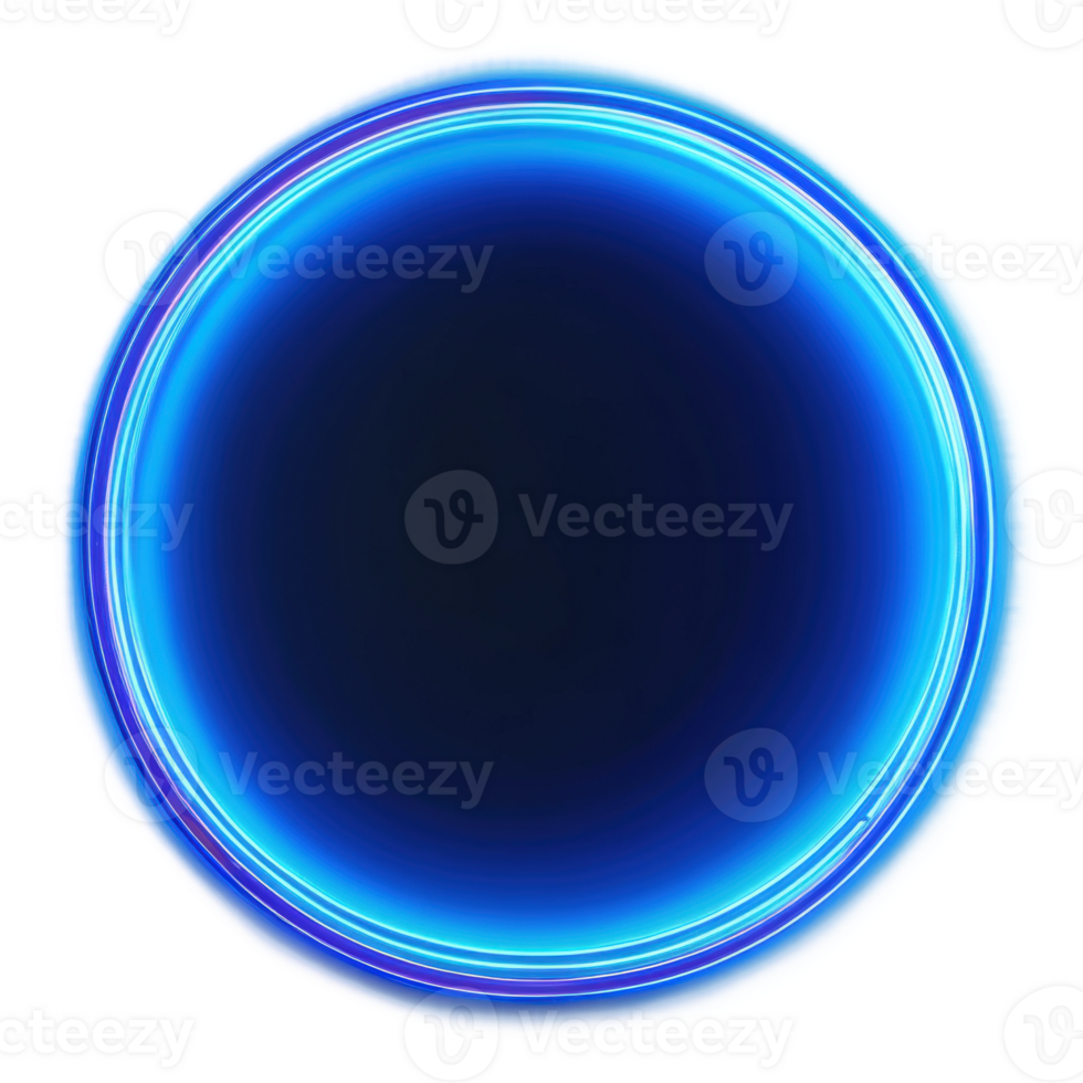 Circular neon blue light with a glowing edge on a dark background, cut out - stock . png