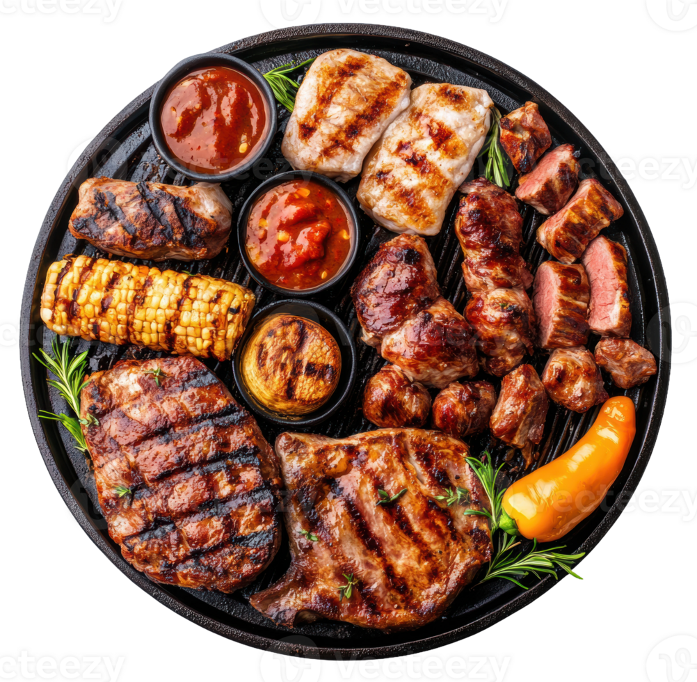 Grilled meat assortment served on a black platter with dipping sauces and vegetables, cut out - stock . png