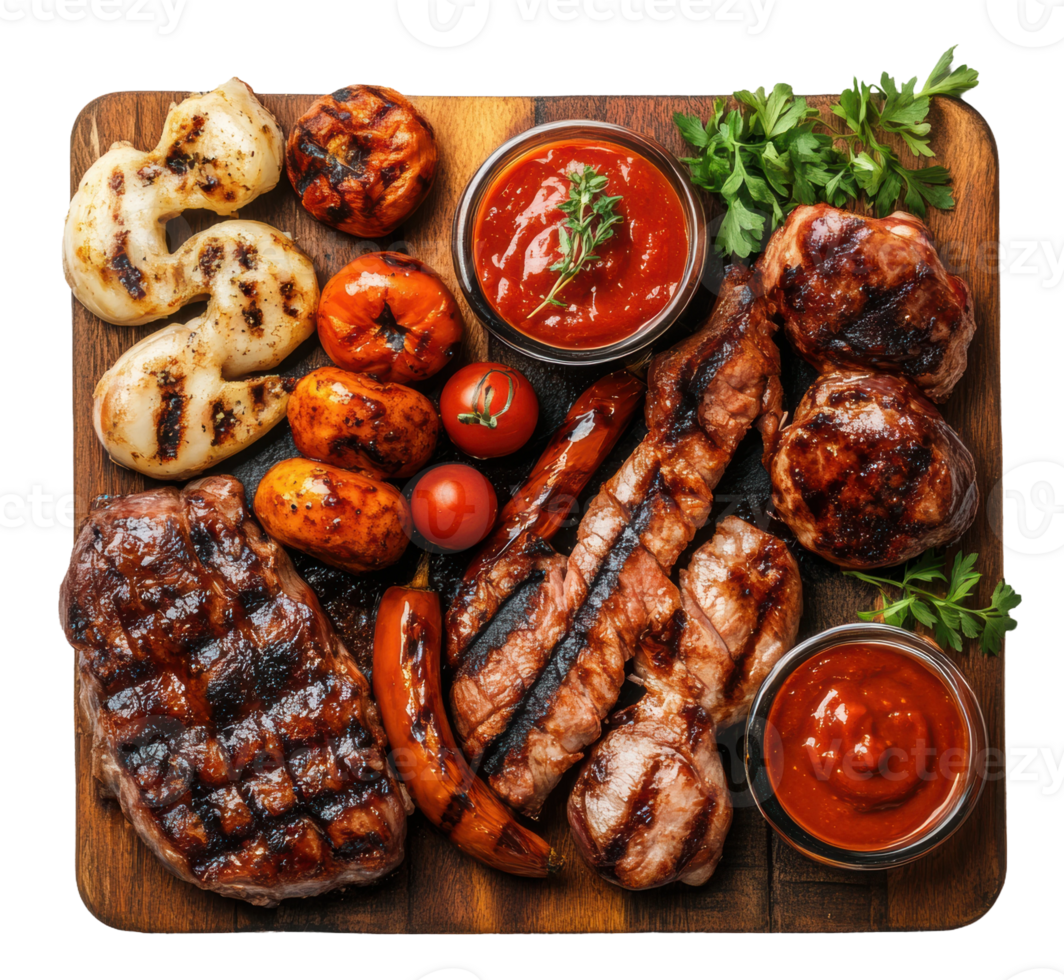 Grilled meat platter featuring various meats, vegetables, and sauces, displayed on a wooden board, cut out - stock . png