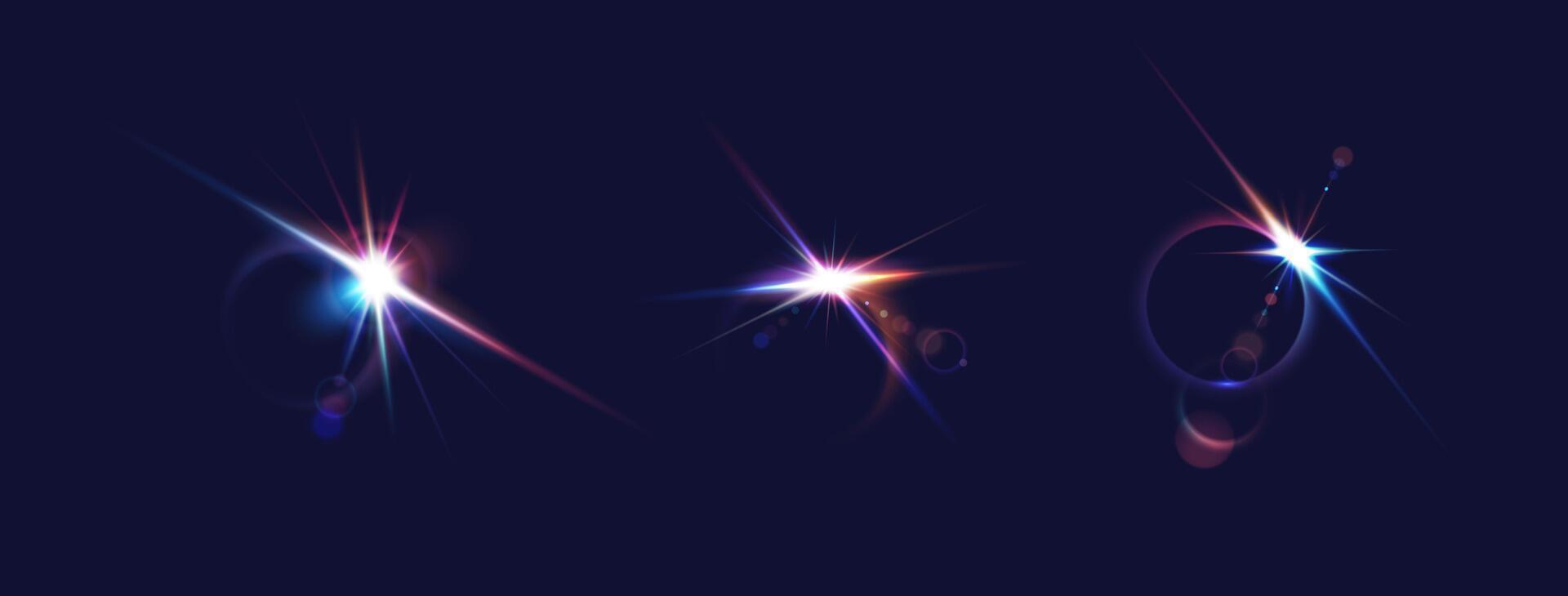 Color light flashes reasonable outline set. Shining sparkles in profound space 3d components. Sci-fi format vector