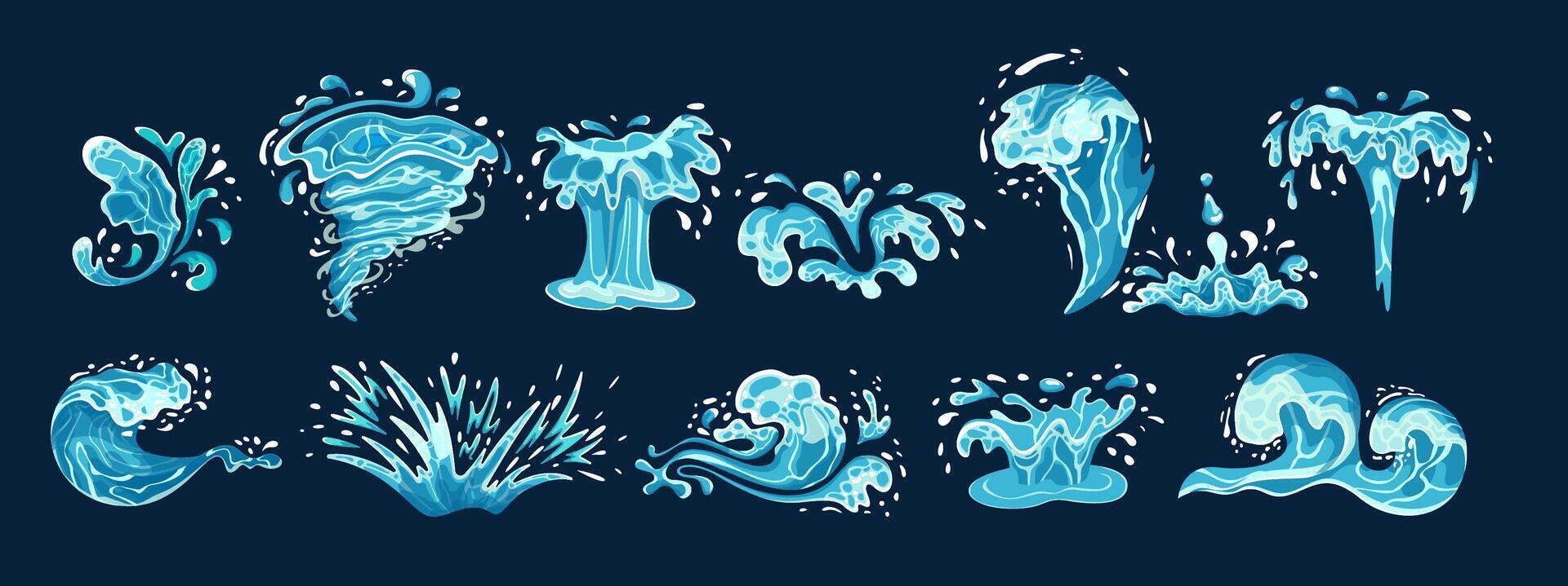 Water sprinkles shapes color symbol enormous set. Normal water streams. Streaming and sprinkling fluid outline pack on dull foundation vector