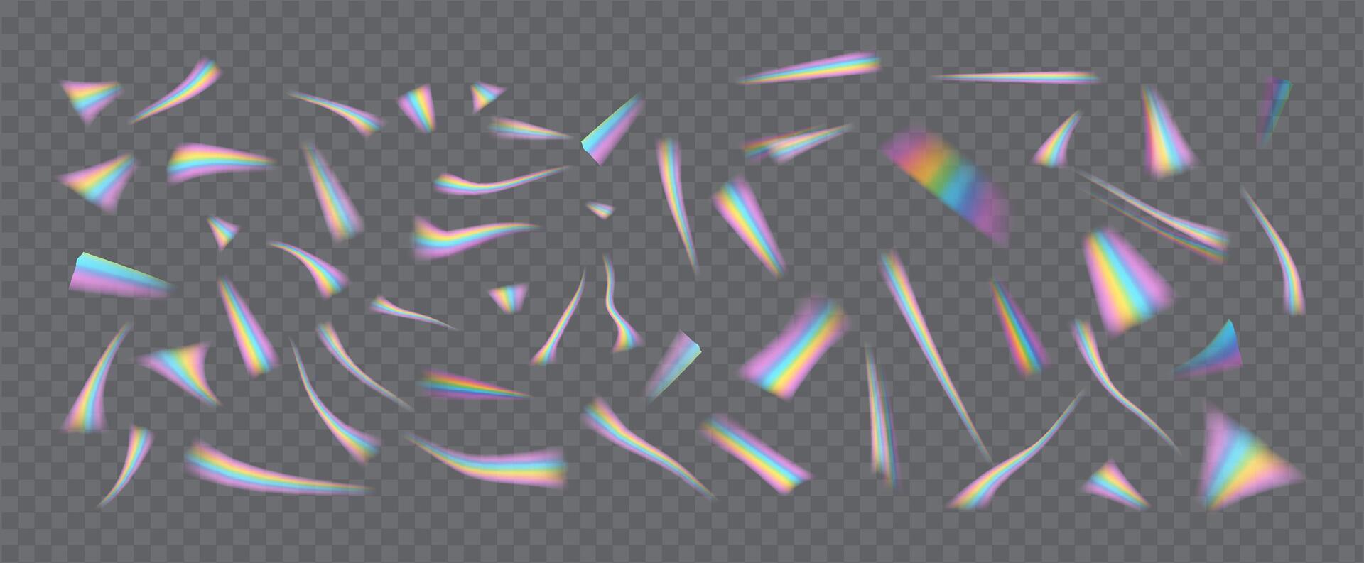 Falling rainbow holographic thwart pieces reasonable outline set. Glowing confetti hazy see. 3d components vector