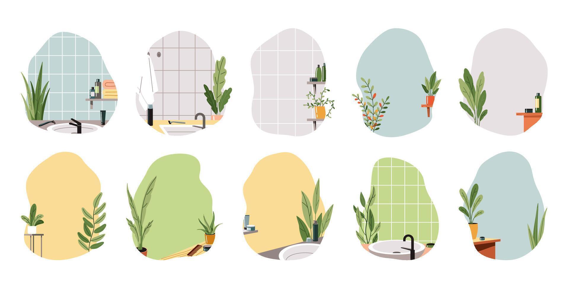 Color interior scenes flat icon collection. Domestic life design. Backgrounds with home details illustration bundle on white vector
