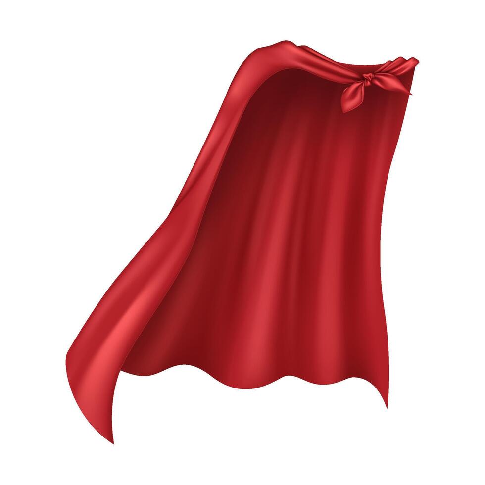 Silk superhero cloak tied on imaginary shoulders realistic illustration. Role play costume party clothing 3d object on white background vector
