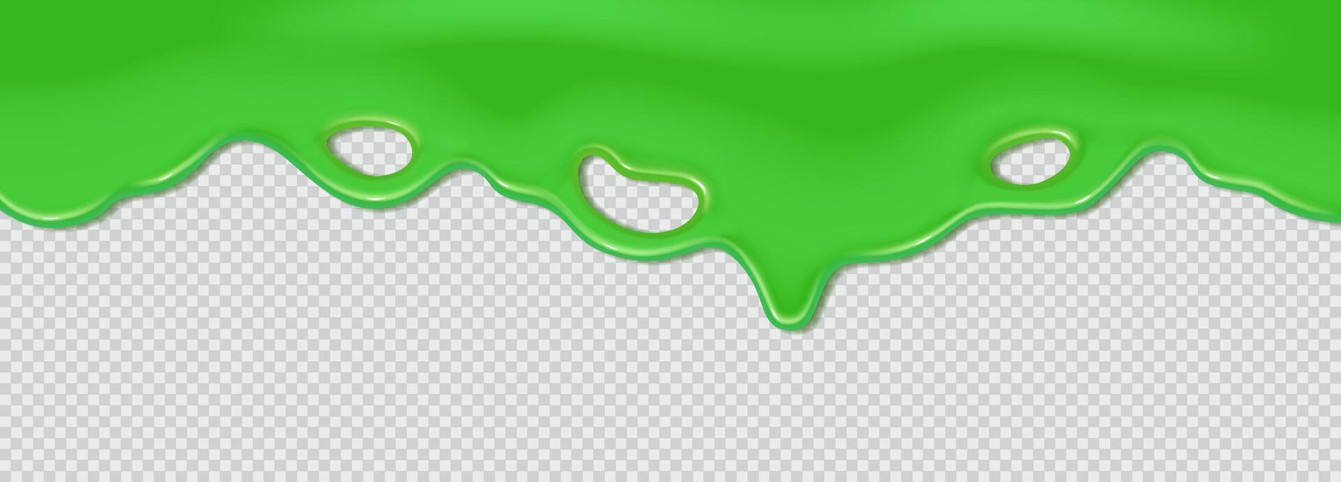 Green streaming poisonous sludge. Fluid wave of paint or sauce. 3d practical outline. Halloween plan. Streaming liquid clot. Best flat border of the outline vector