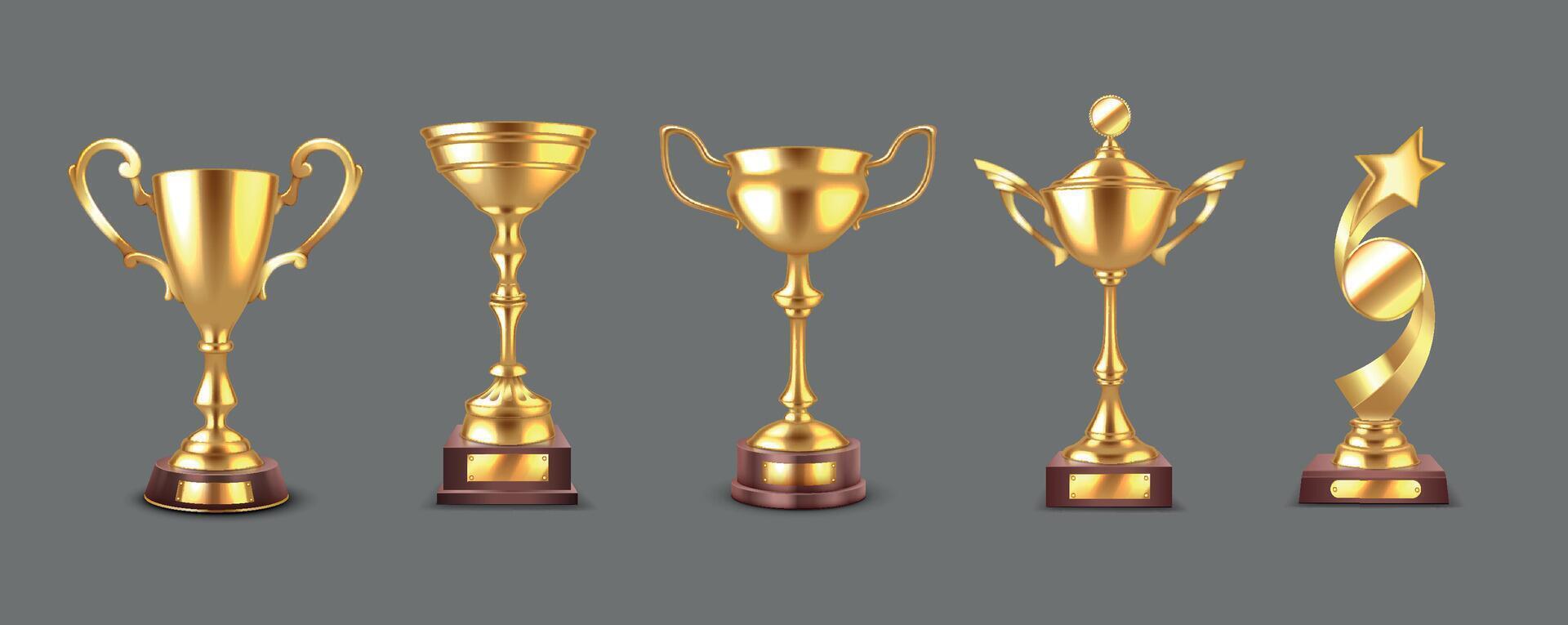 Prestige winner rewards on podiums realistic illustration set. Shiny glowing leaders trophies 3d models on grey background vector