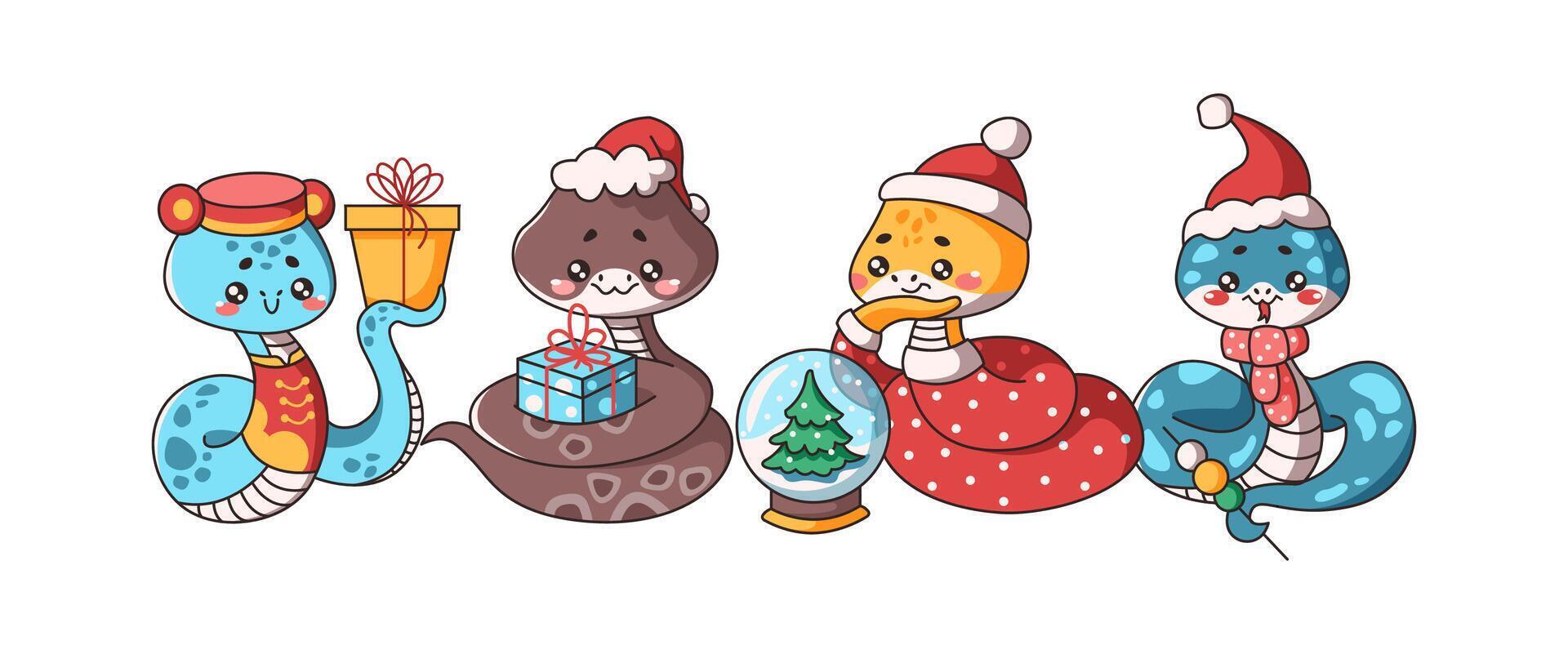 Illustration set of festive Kawaii snakes in flat color style. Celebrating New Year with items representing 2025 oriental zodiac mascots vector