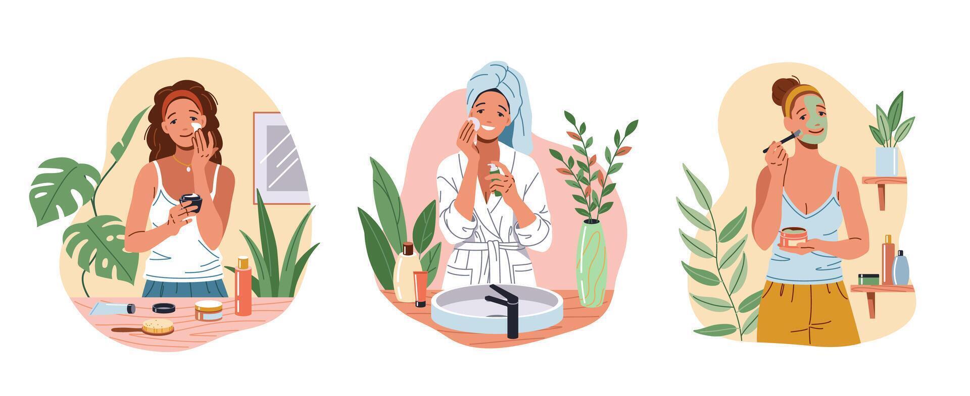 Happy females using skincare cosmetics after taking bath flat color icon set. Women doing beauty care procedures at home illustration pack on white vector