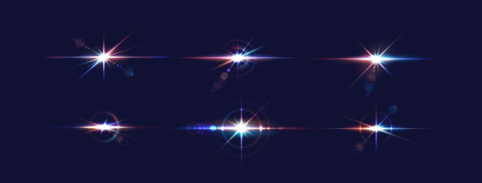 Color light flashes reasonable outline set. Gleaming sparkles in profound space 3d components. Sci-fi format vector