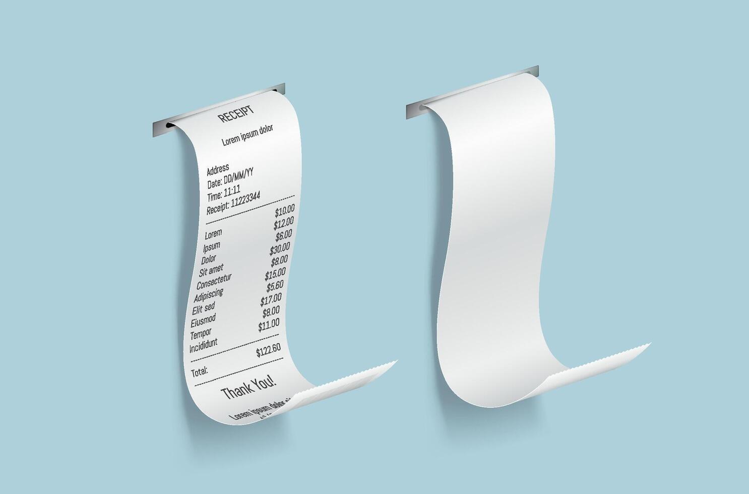 Monetary paper bills outline set. Installment receipts for buys in shop formats. Budgetary archives 3d plan on light blue vector