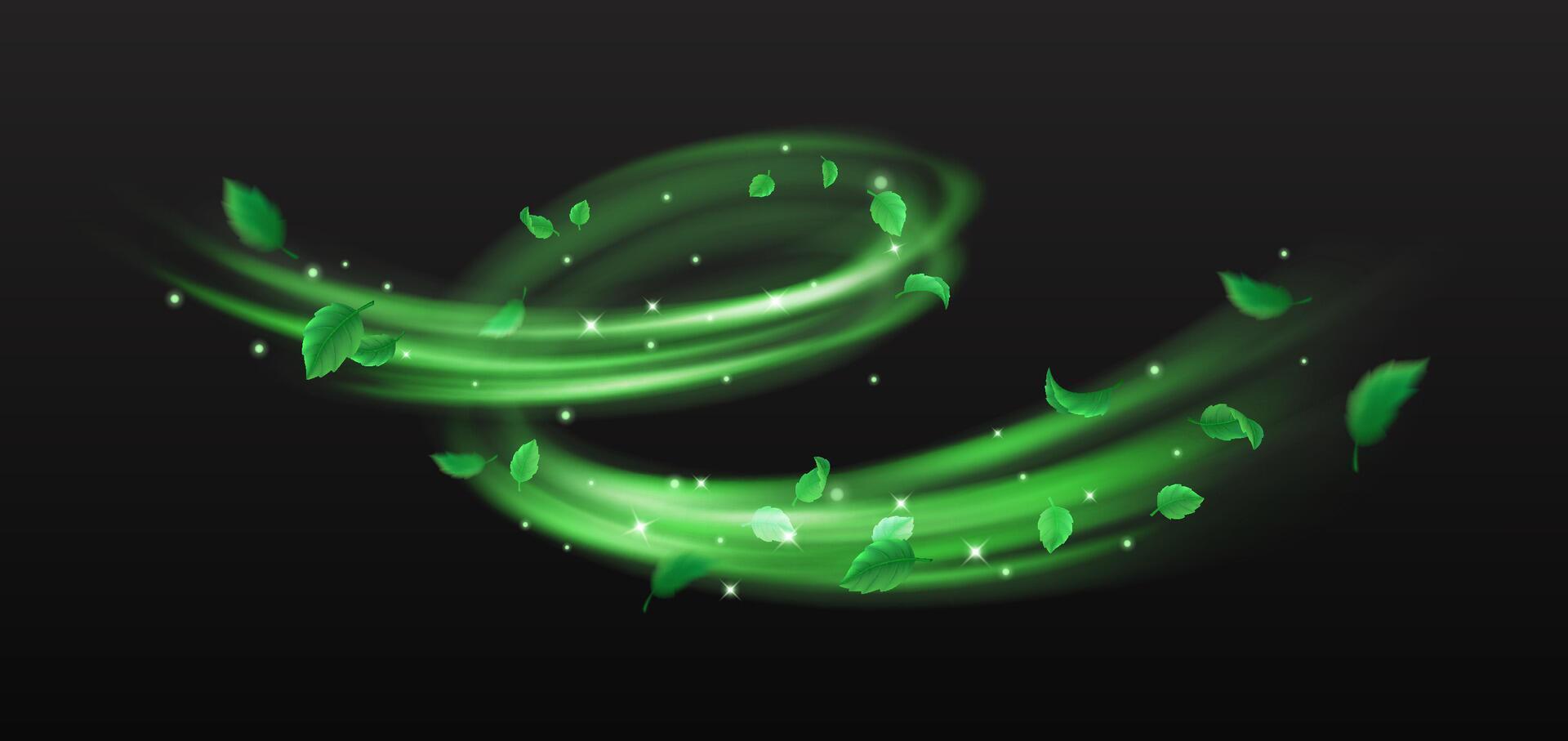 Green takes off and shimmers spinning stream of enchantment clean reasonable outline. Magical anature control 3d component on dark foundation vector