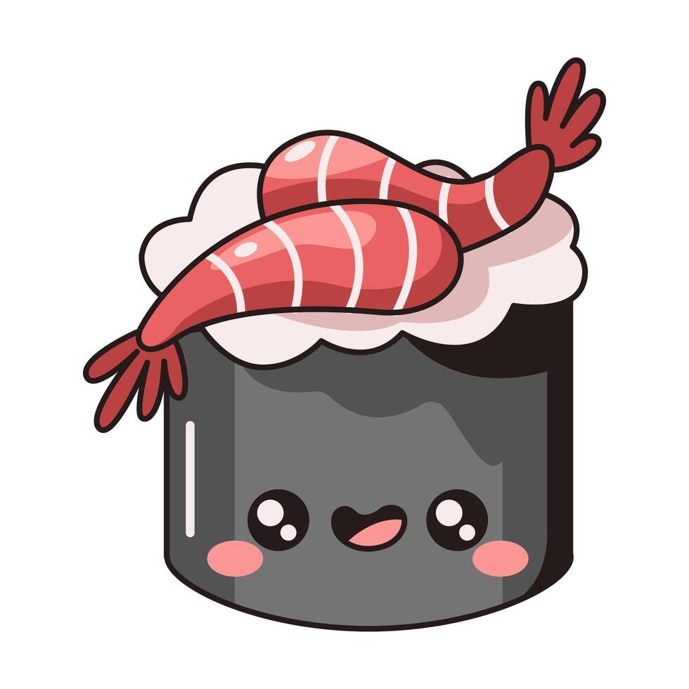 Kawaii sushi roll with shrimps color illustration. Smiling Japanese snack of rice and seafood character on white background vector