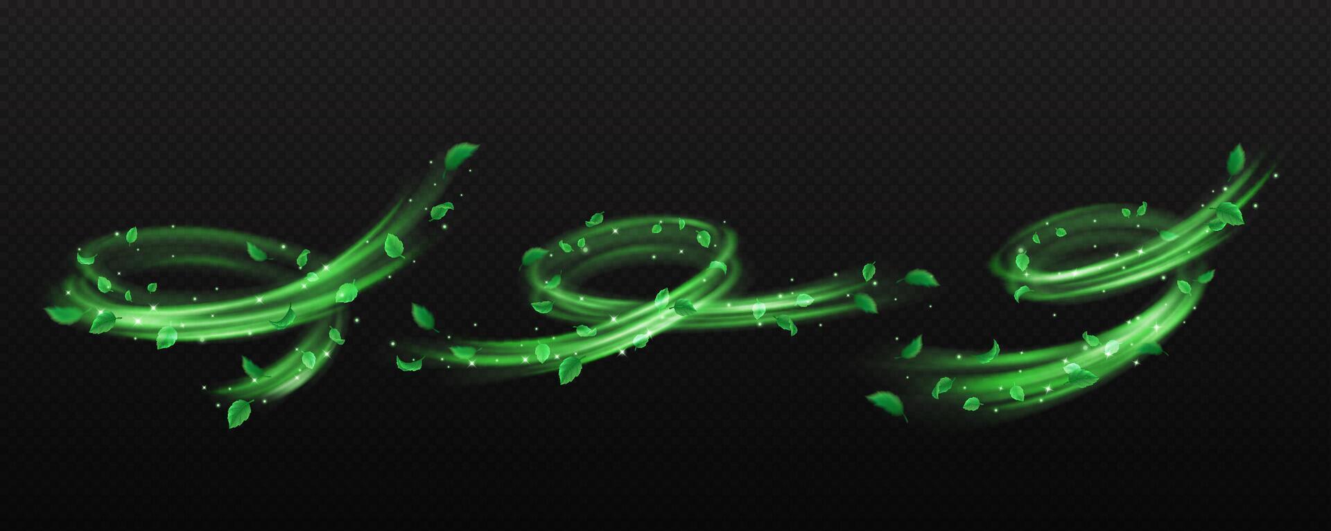 Leaves and green powder whirls realistic illustration set. Magic air flows with spring foliage 3d elements vector