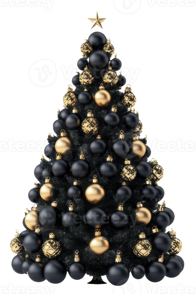Elegant black and gold Christmas tree adorned with ornaments and a star on top, displayed indoors during the holiday season, cut out - stock . png
