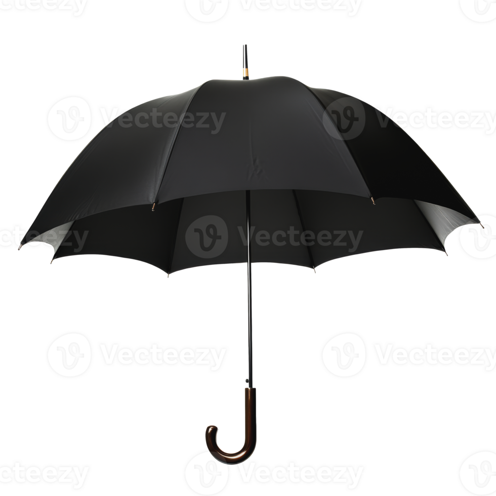 Black umbrella with wooden handle against a plain background png