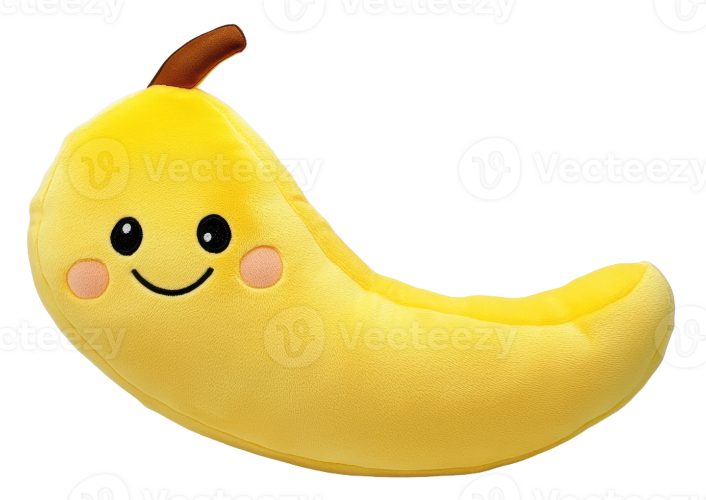 Cute yellow banana plush toy with a smiling face and rosy cheeks, cut out - stock . png
