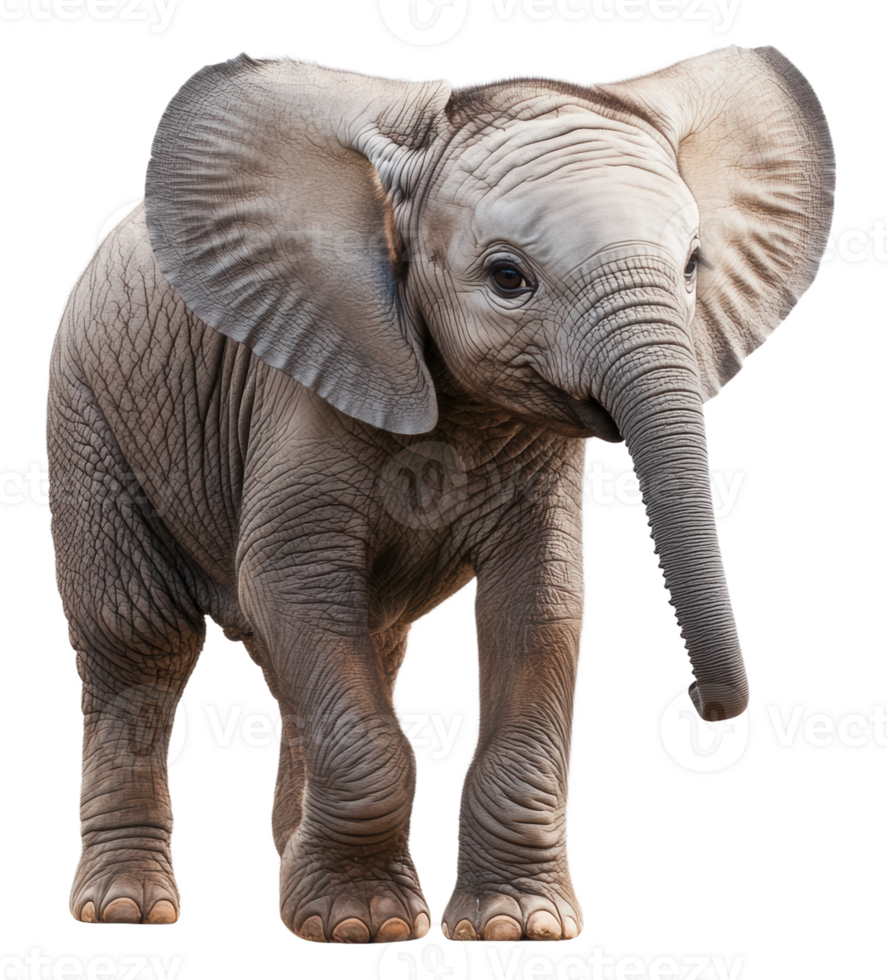 A young elephant stands happily in front of a plain background, showcasing its large ears and trunk, cut out - stock . png