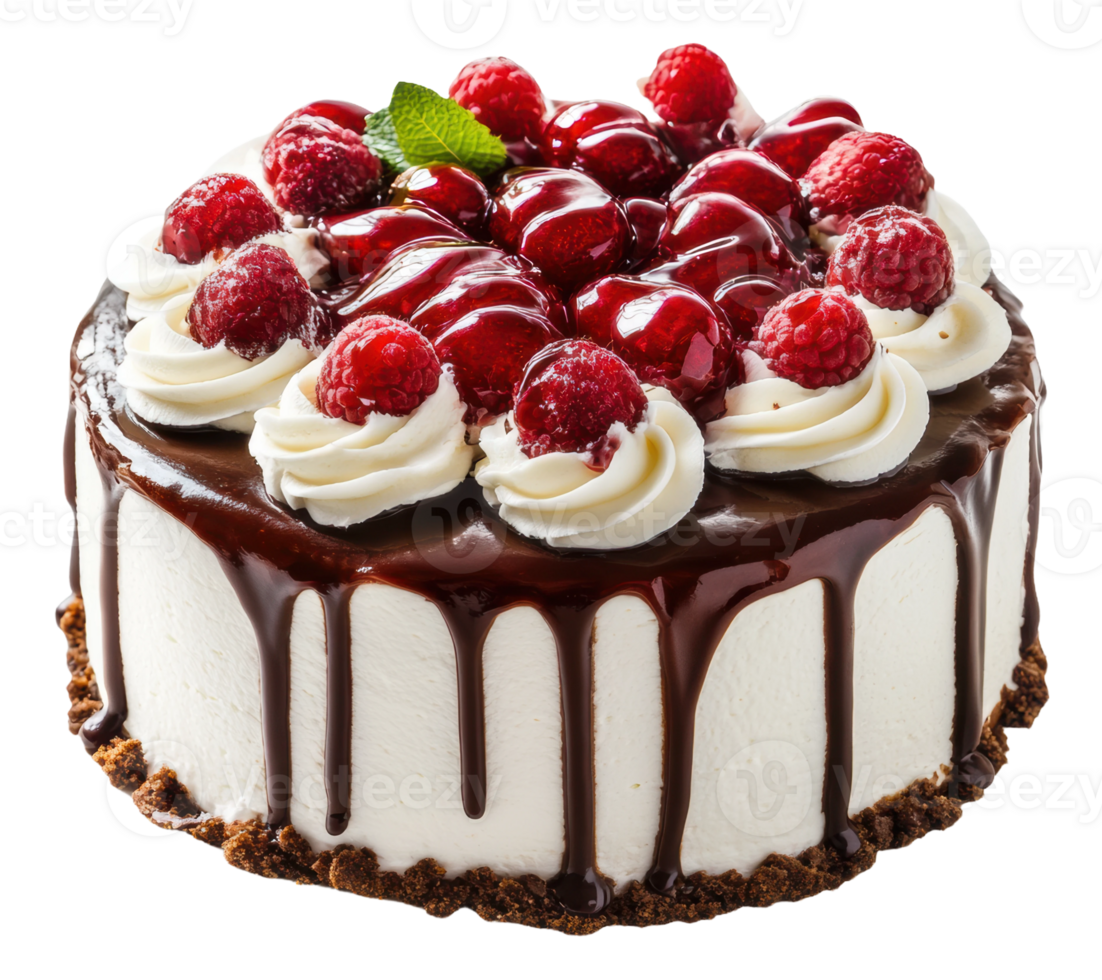Delicious chocolate raspberry cake topped with fresh berries and creamy icing, cut out - stock . png