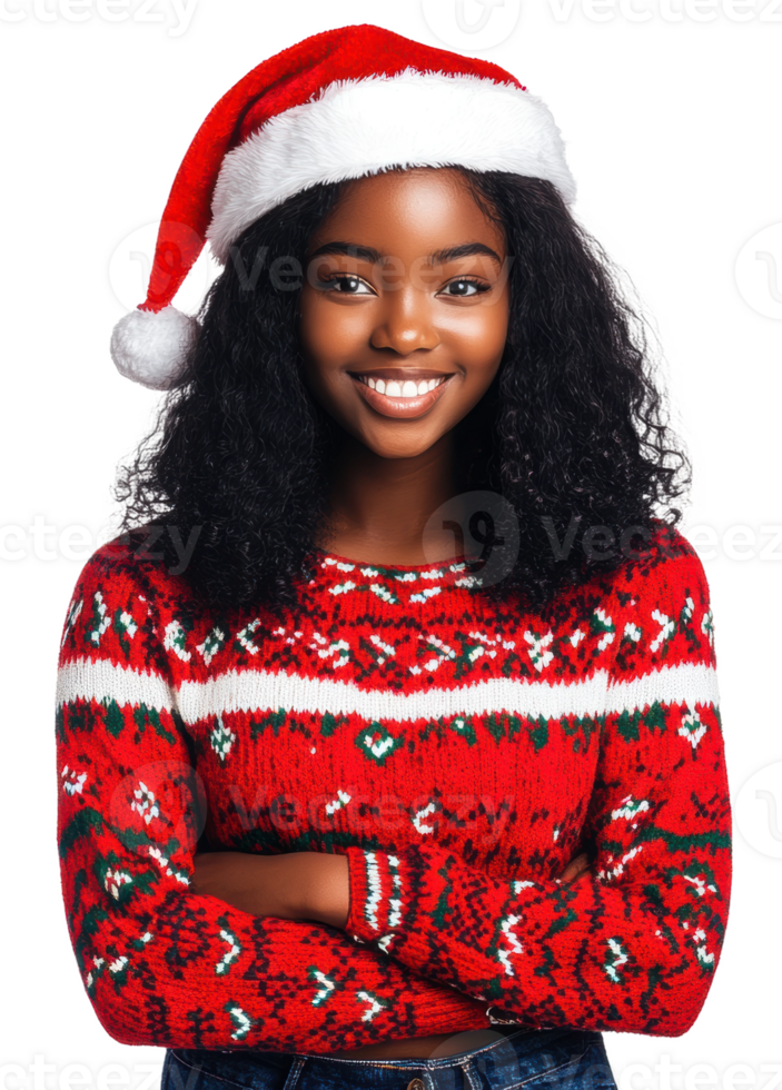 Young woman wearing a festive sweater and Santa hat poses cheerfully, celebrating the holiday spirit indoors, cut out - stock . png