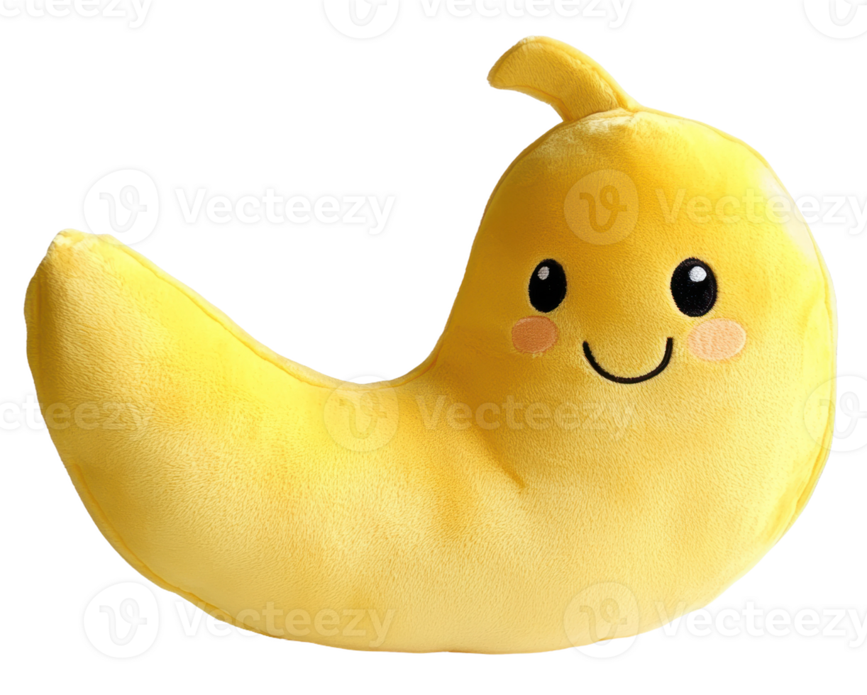 Cute yellow plush banana character with a smiling face, ideal for children's room decor, cut out - stock . png