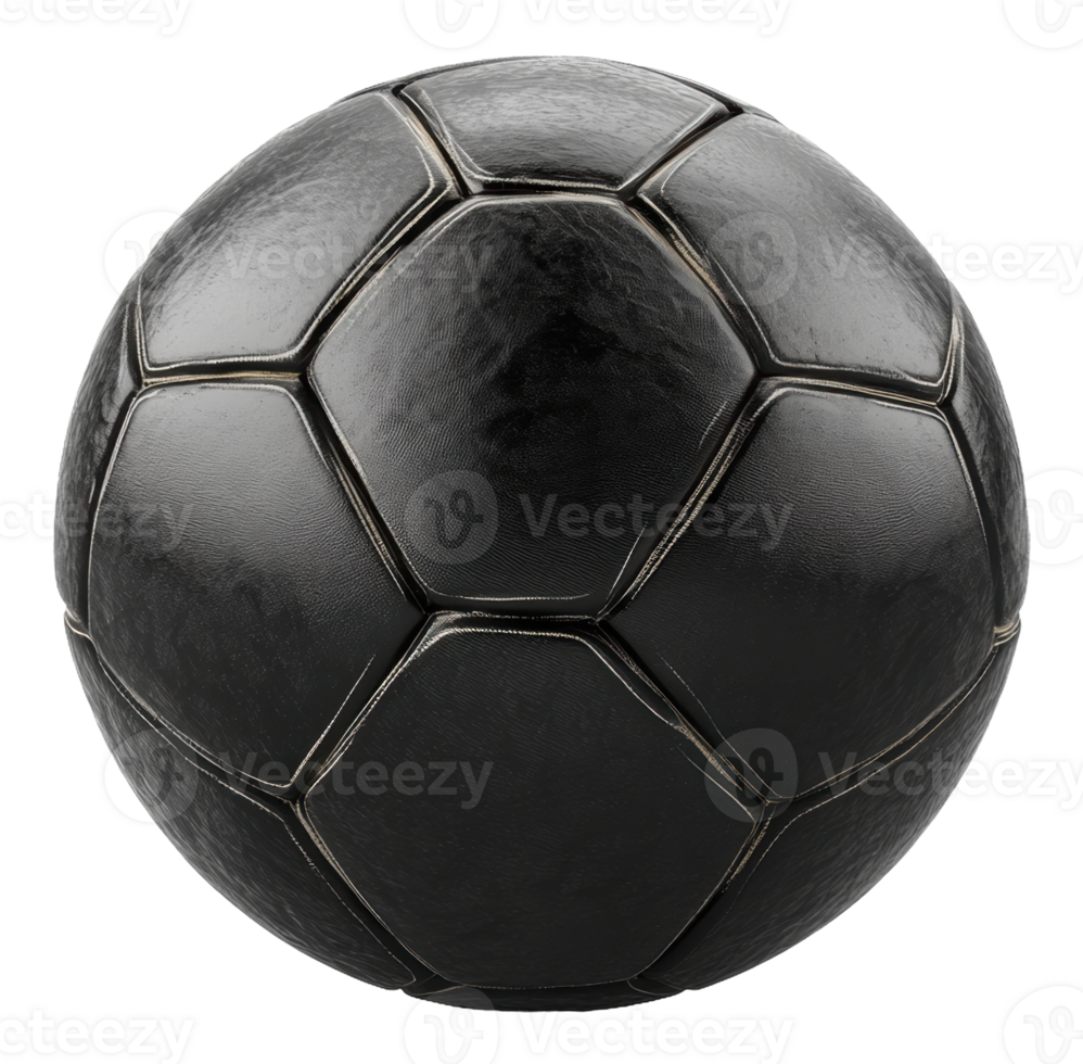 A classic black soccer ball resting on a smooth surface in soft lighting, cut out - stock . png