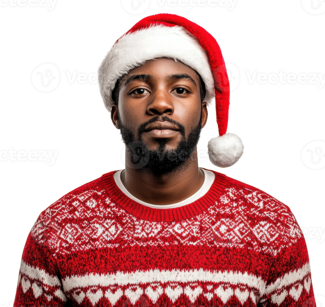 Young man wearing a festive red sweater and Santa hat during the holiday season, cut out - stock . png