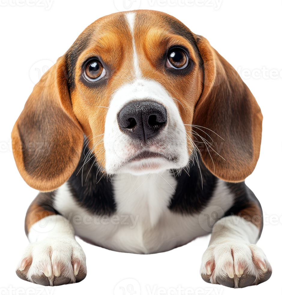Brown and white beagle dog lying down with a curious expression indoors, cut out - stock . png