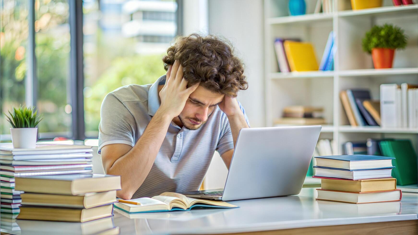 The student looking frustrated or stressed, with a messy desk filled with textbooks, notes, and a computer photo