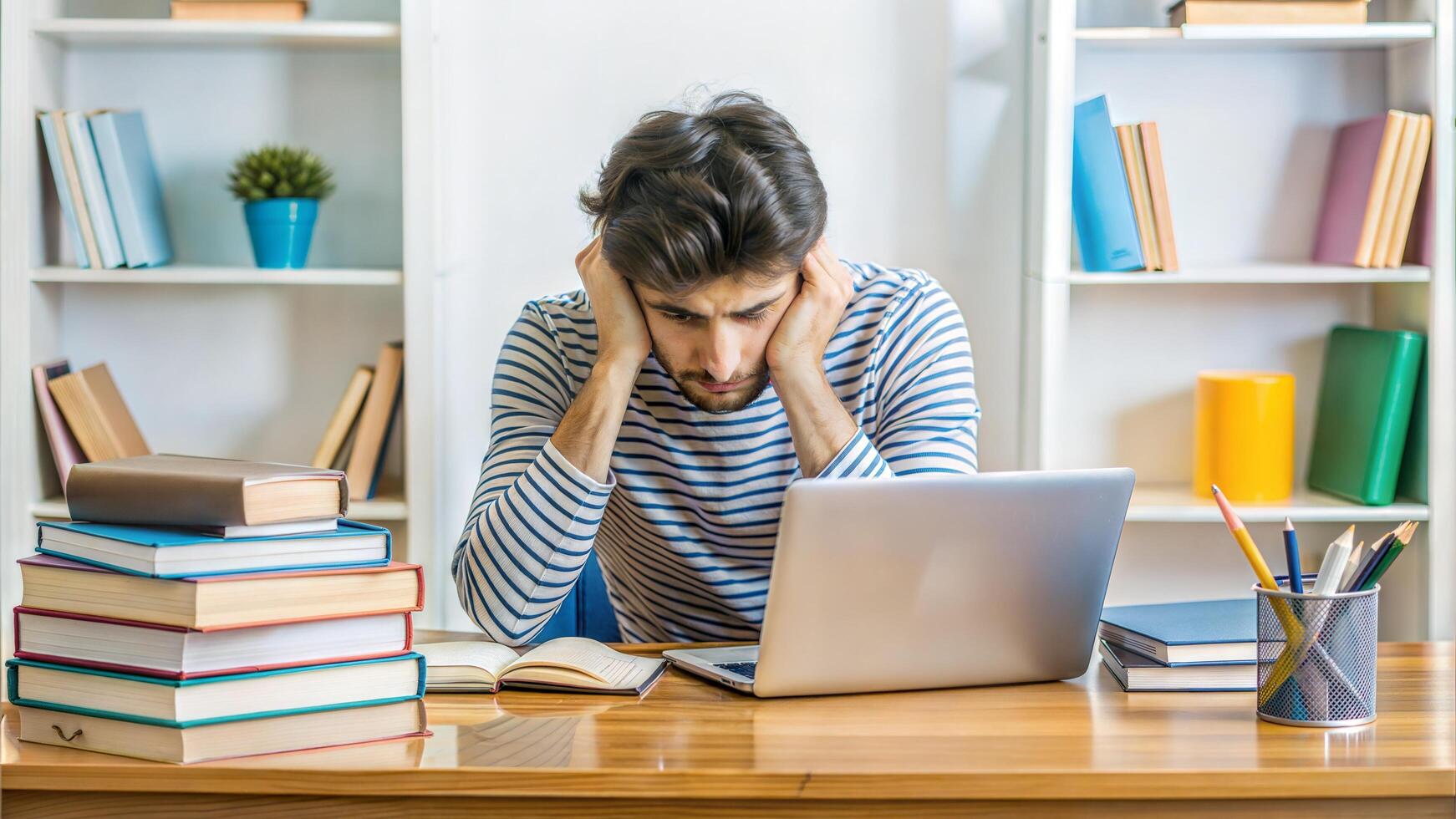 The student looking frustrated or stressed, with a messy desk filled with textbooks, notes, and a computer photo