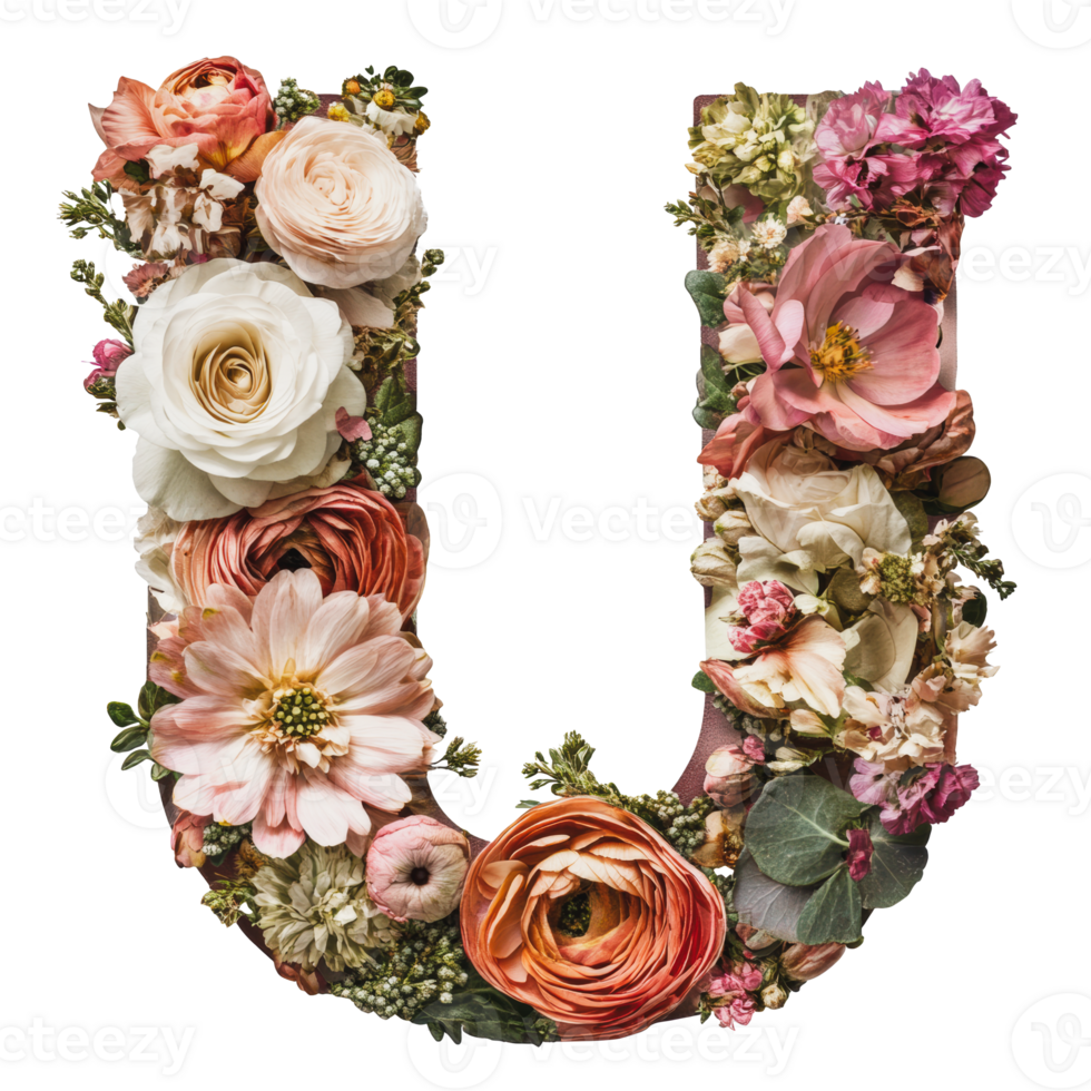 Floral letter U design made with colorful blossoms png