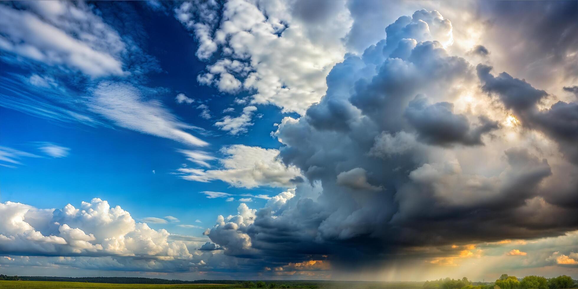 the transition from left to right from the gray threatening clouds smoothly turns into a clear sunny clear sky. A single picture, just the sky, without other objects. On the right, a clear sunny sky photo