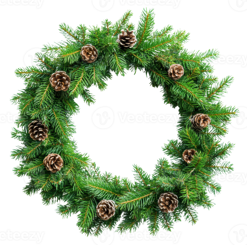 A festive green wreath adorned with pinecones displayed for seasonal decoration, cut out - stock . png