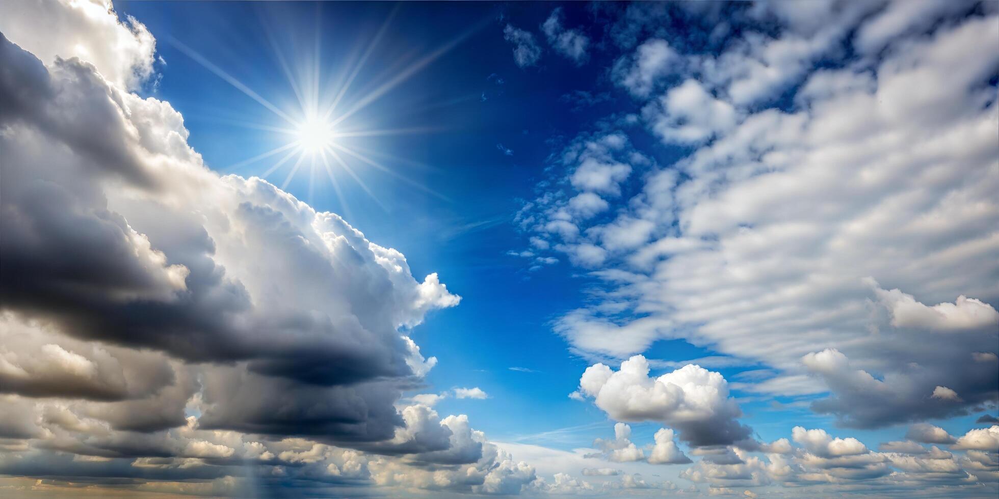 the transition from left to right from the gray threatening clouds smoothly turns into a clear sunny clear sky. A single picture, just the sky, without other objects. On the right, a clear sunny sky photo