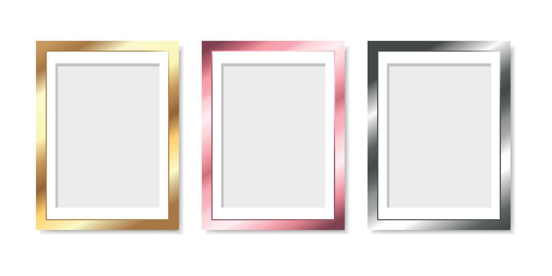 Set of modern metallic colored picture frames isolated on white background. Golden, pink and silver frame borders for poster, painting, photo vector