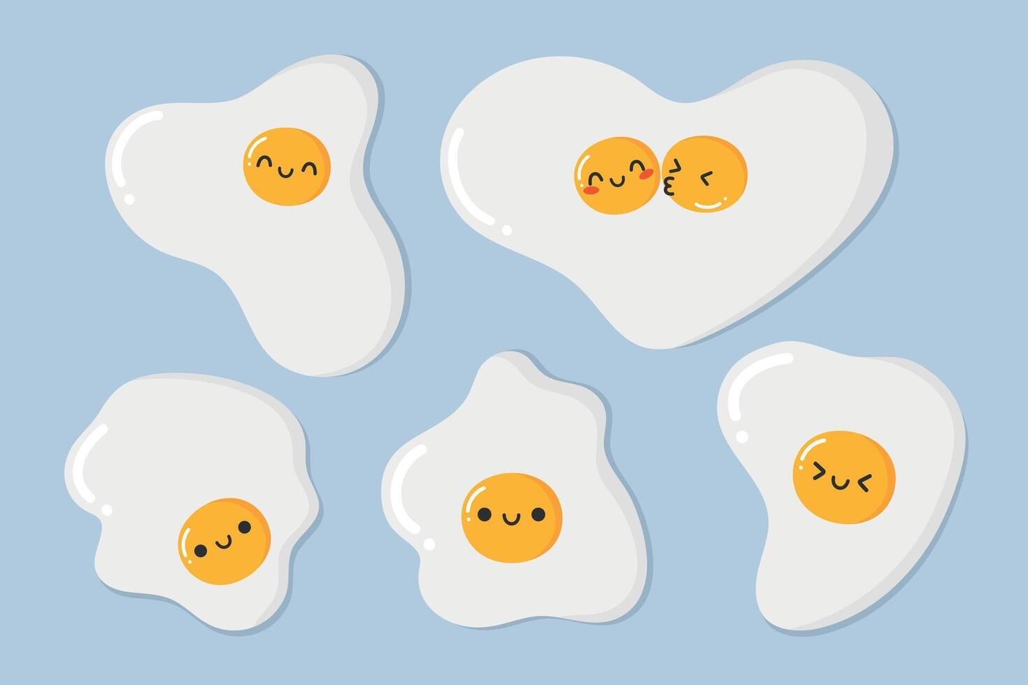 Cute fried egg characters set. Happy cartoon eggs in childish style. Healthy food icon vector