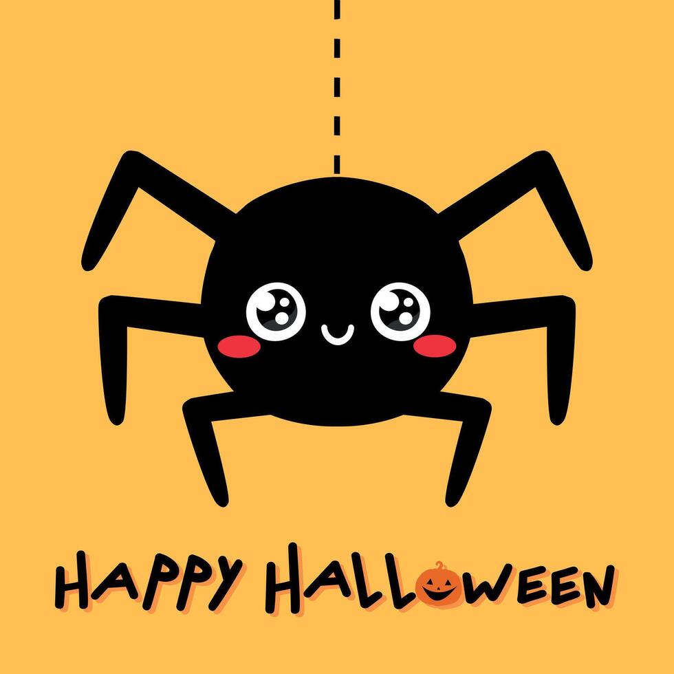 Happy Halloween greeting card with a cute spider hanging on a web. Happy smiling spider in childish style vector
