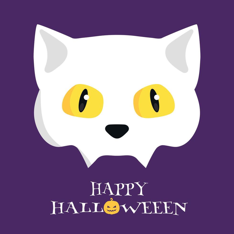 Happy Halloween greeting card with a Cat skull with yellow eyes isolated on purple background vector