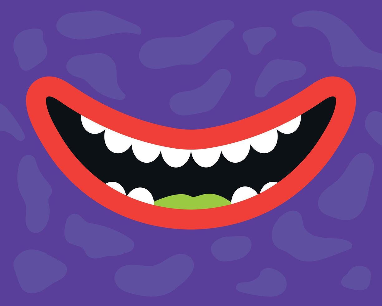 Cartoon smiling monster mouth with fangs. Close up of purple monsters teeth. Smiling creature vector
