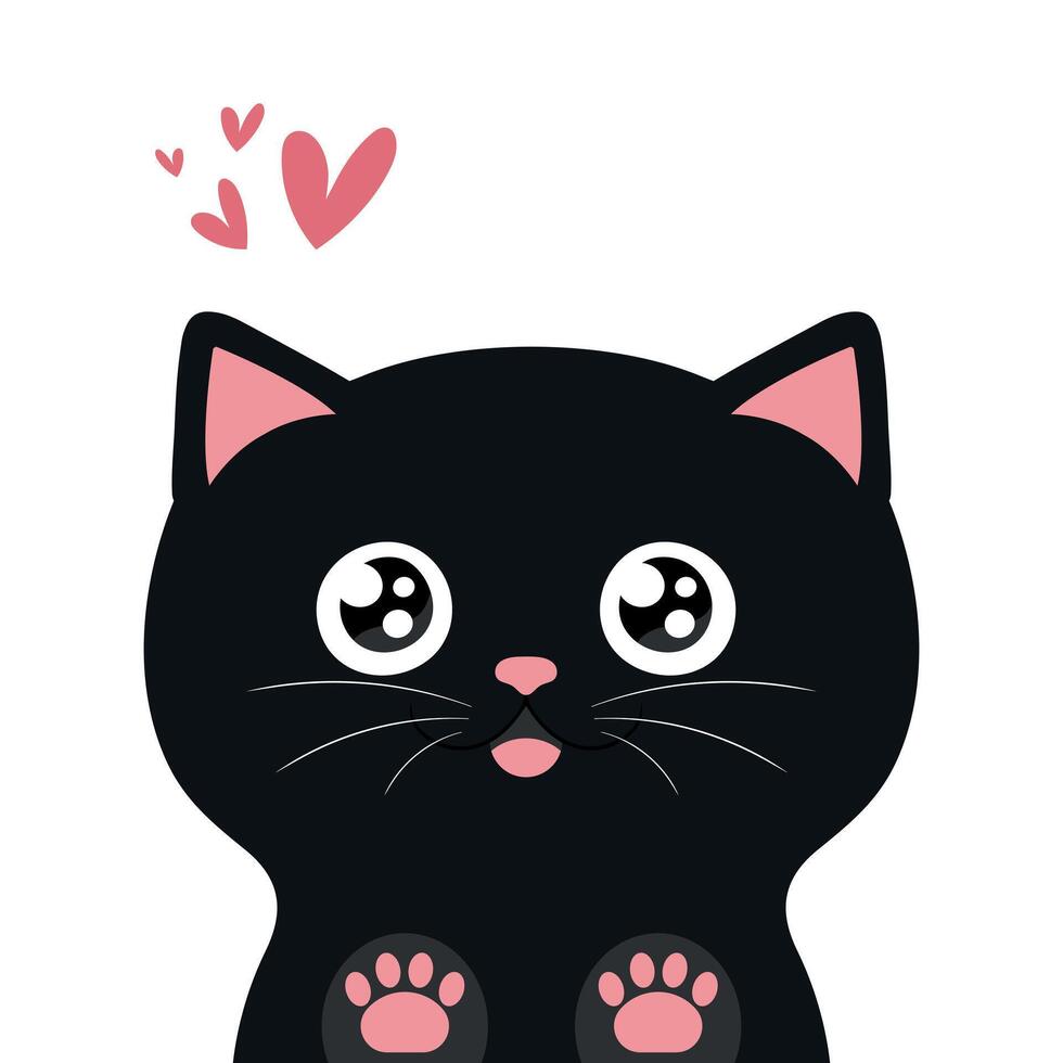 Happy black peeking cat with paw prints. Cute cartoon character vector