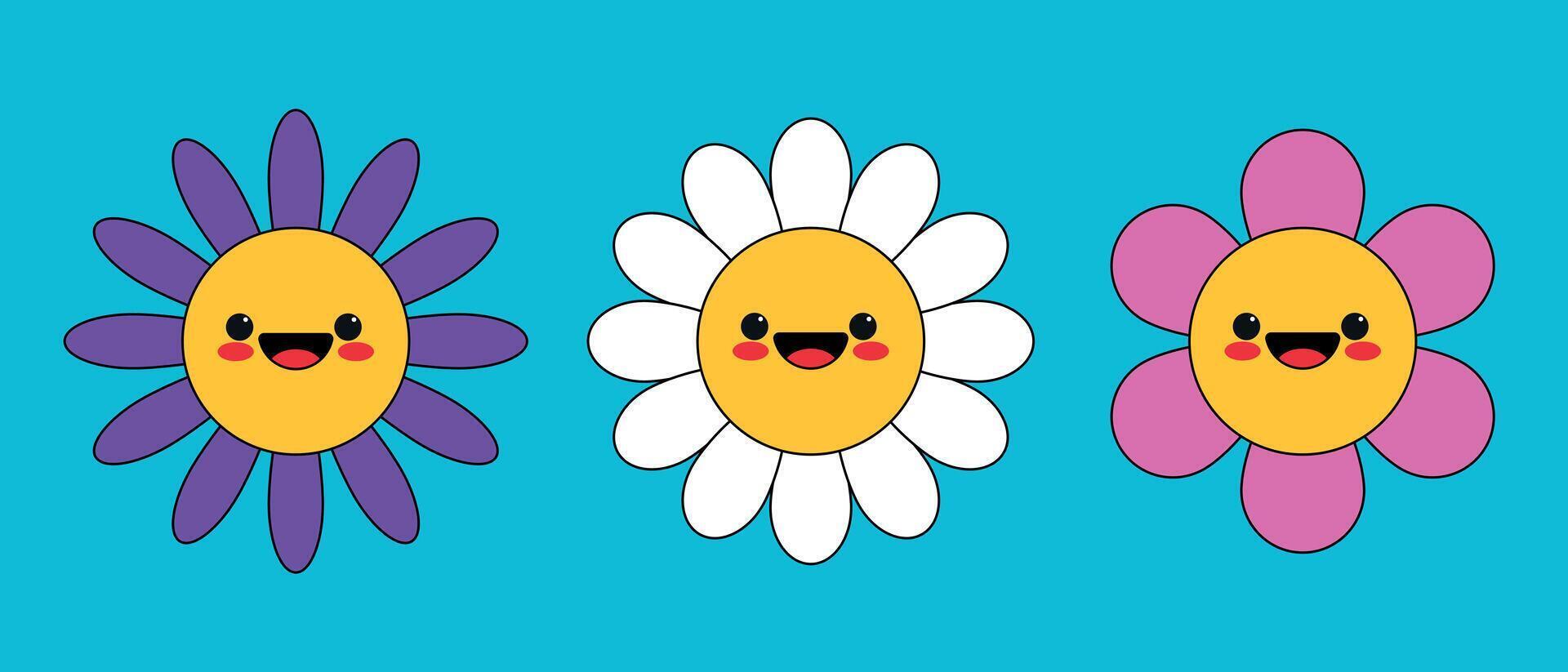 Cute cartoon smiling flower characters in childish style. Happy daisy and chamomile vector
