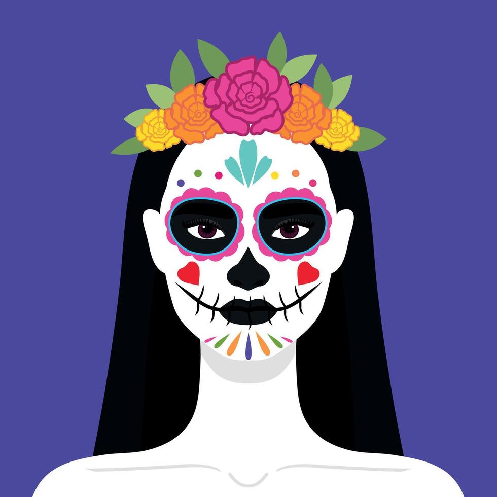 Woman with a bright makeup of sugar skull and floral wreath. Day of the Dead celebration. Dia de los Muertos vector