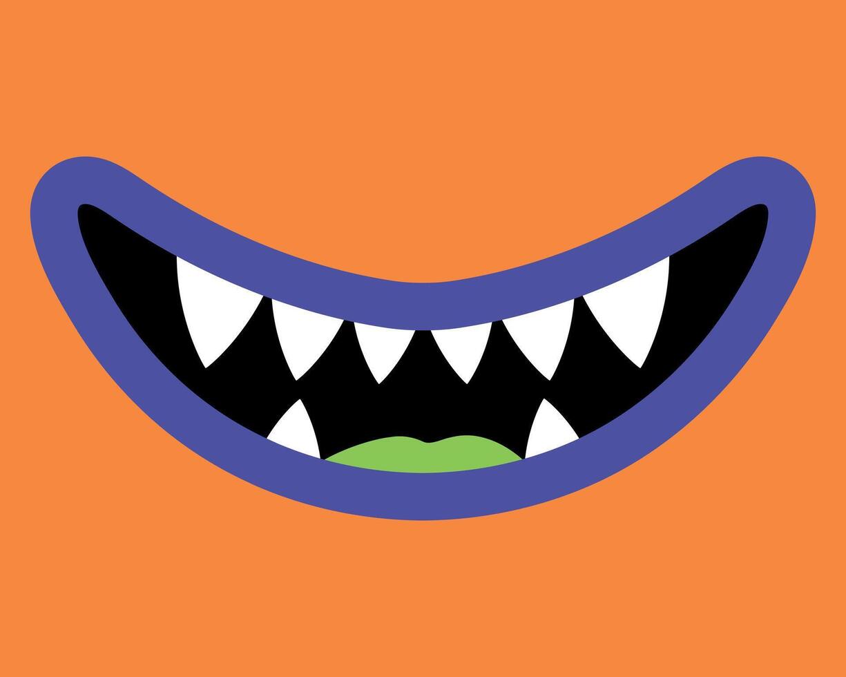 Cartoon smiling monster mouth with fangs. Close up of orange and purple monsters teeth. Smiling creature with sharp teeth vector