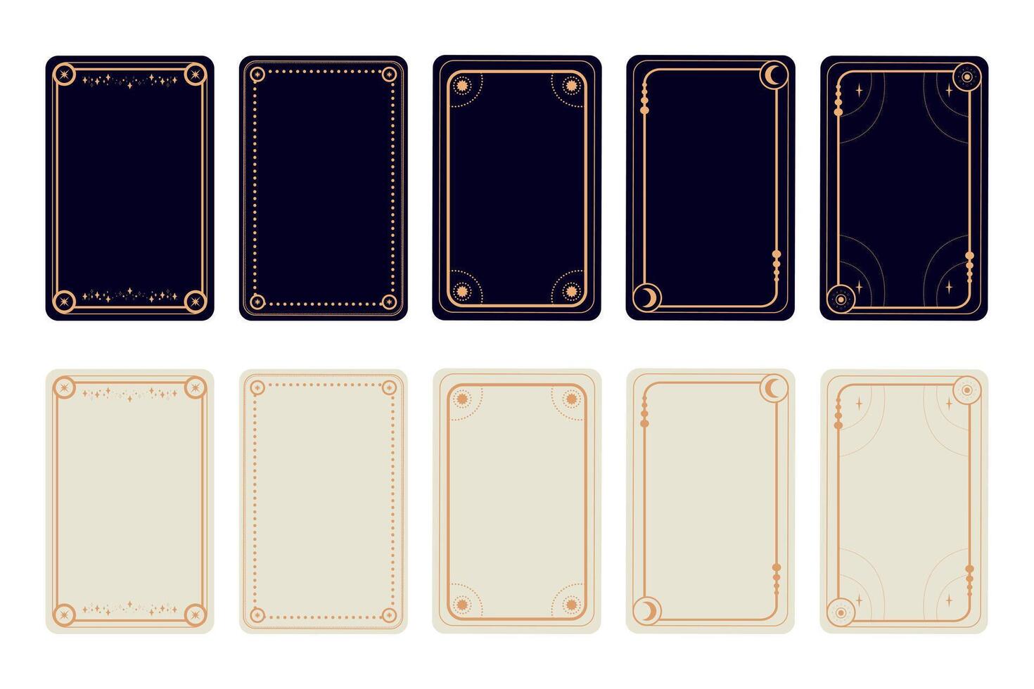 Esoteric magical Tarot cards templates in dark and white colors. Frame border with celestial elements, crescents, stars vector