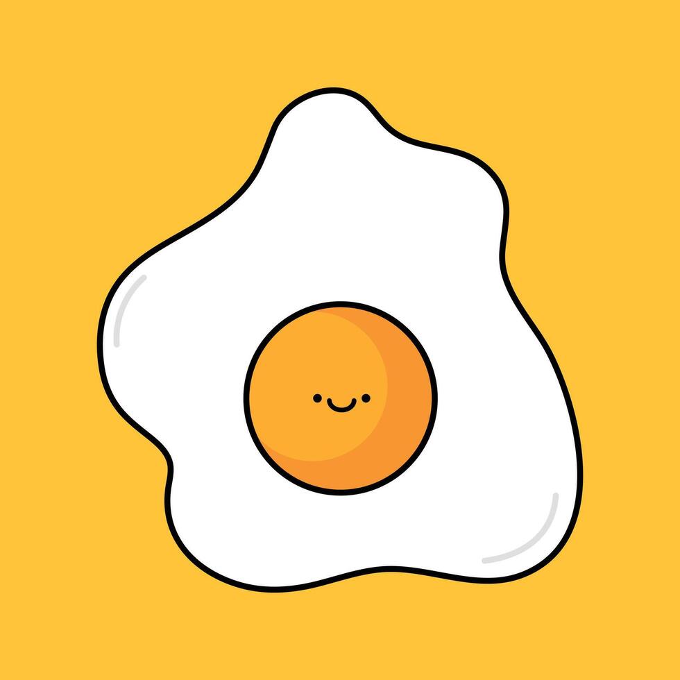 Cute fried egg line icon on yellow background. Happy kawaii cartoon egg in childish style. Healthy breakfast vector