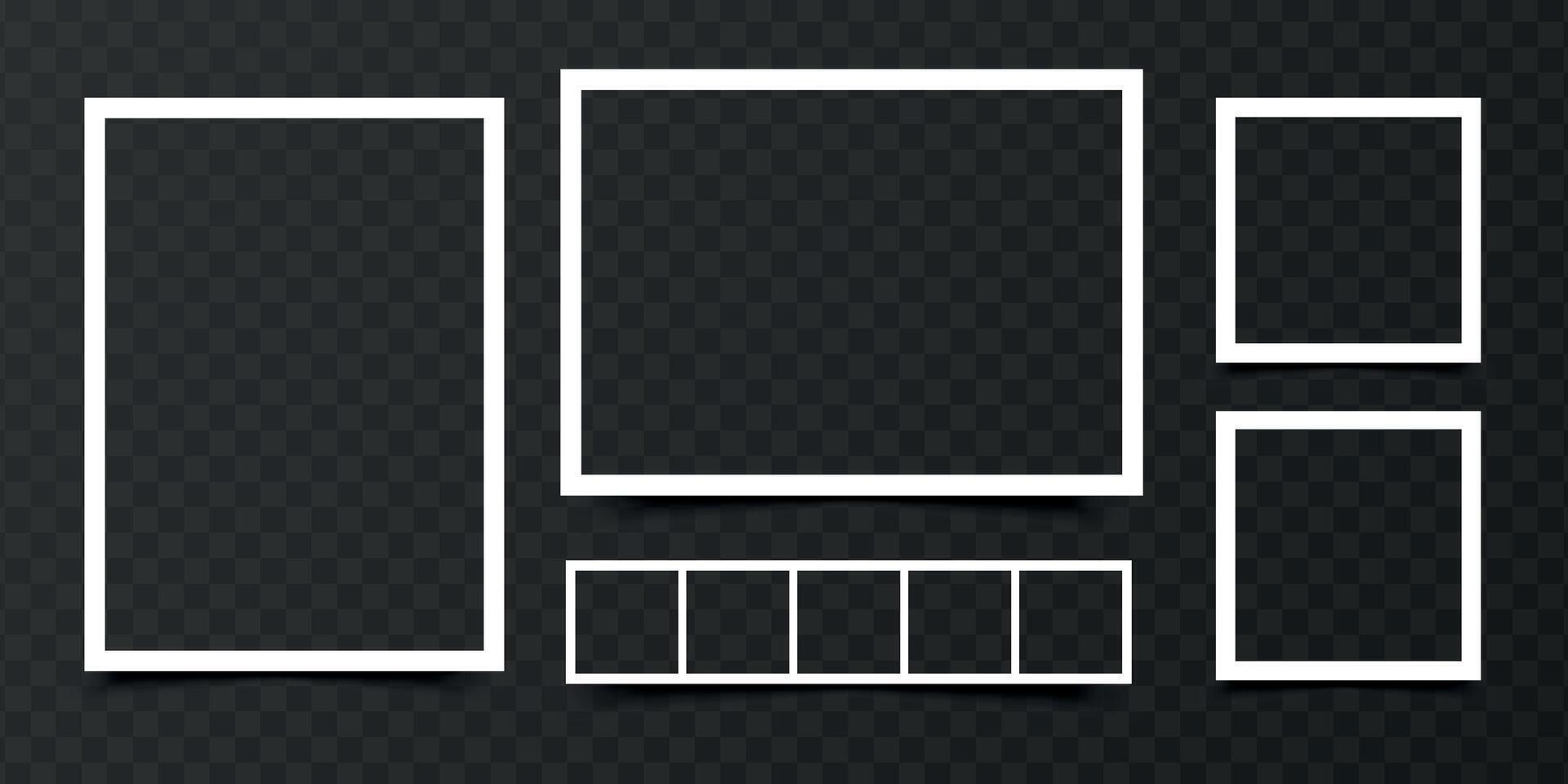 Set of empty photo frames in different shapes isolated on dark background. Blank photo border vector
